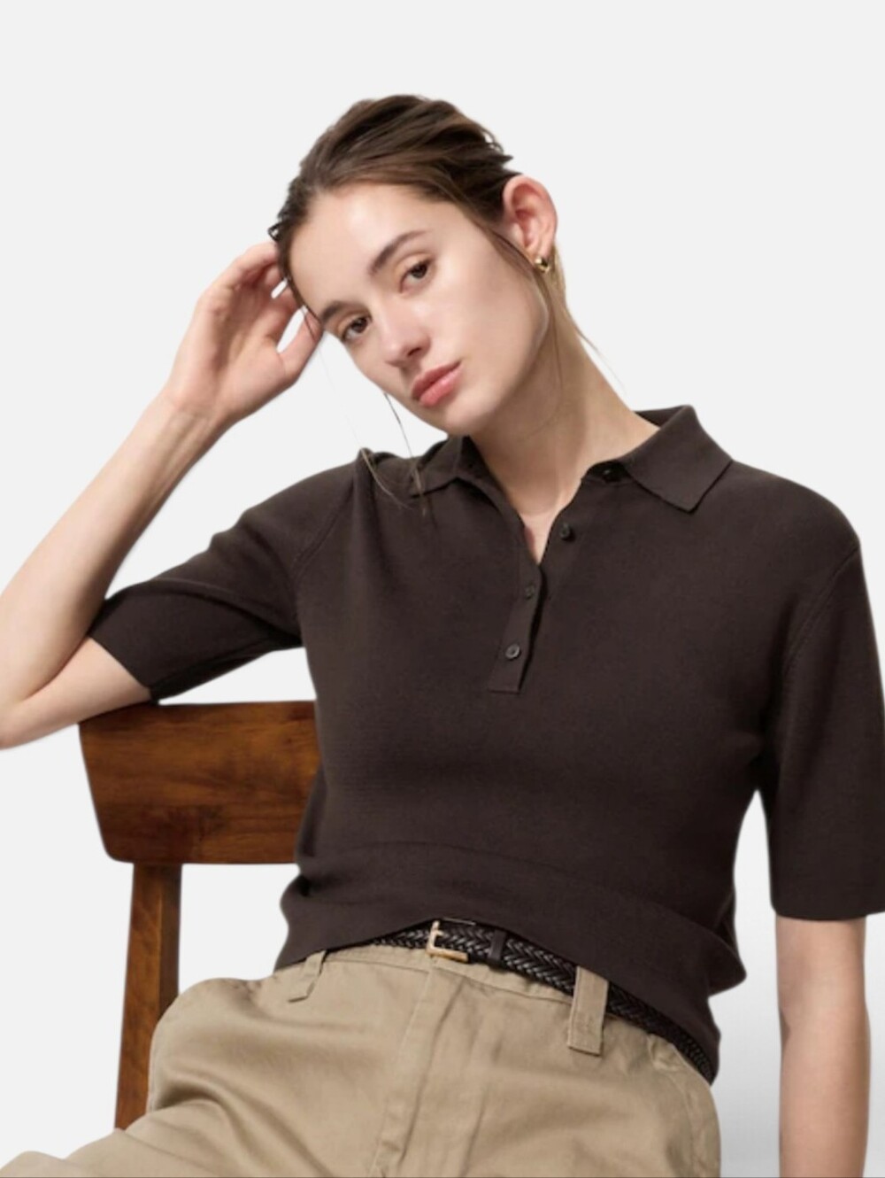 Uniqlo Dark Brown Knit Polo Sweater Medium Short Sleeve Quiet Luxury Minimalist